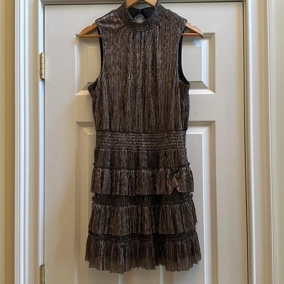 1. State Smocked Mock Neck Sleeveless Tiered Ruffle Shimmer Mini Dress Large - Picture 1 of 8